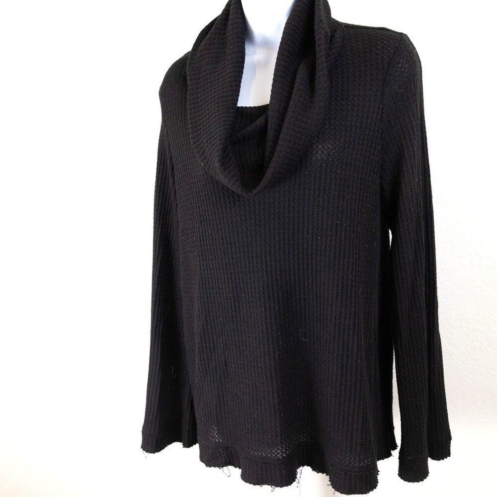 Meadow Rue Cowl Neck Black Waffle Knit Distressed Sweater, Medium